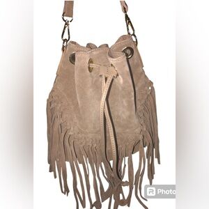 ISADORA ITALY Gray Fringe Suede Leather Drawstring Bucket Purse Crossbody New
